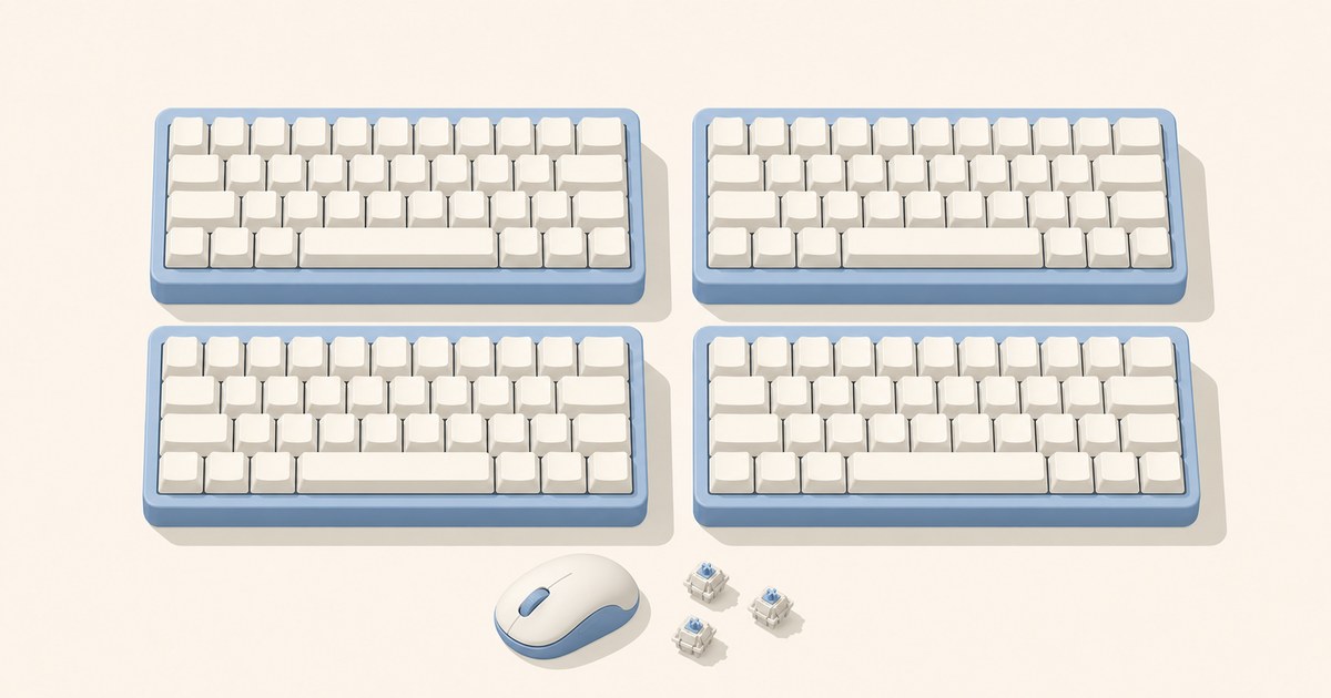 Four compact 60 percent keyboards with plain white keycaps and blue cases sit in a two-by-two grid above a small mouse and three blue mechanical switches.